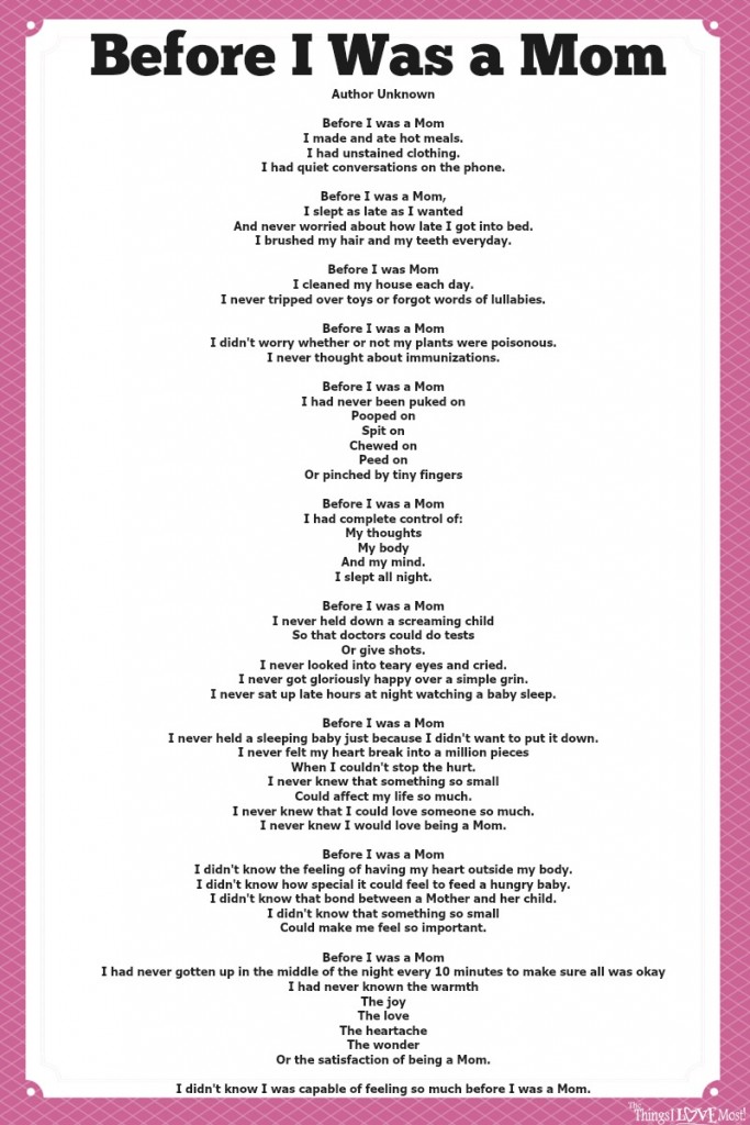 Before I was a mom Poem Printable | The Things I Love Most