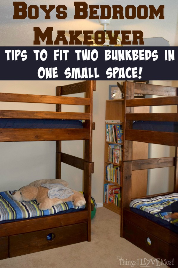 http://thethingsilovemost.com/2015/09/boys-bedroom-makeover-tips-to-fit-2-bunk-beds-in-one-small-space.html