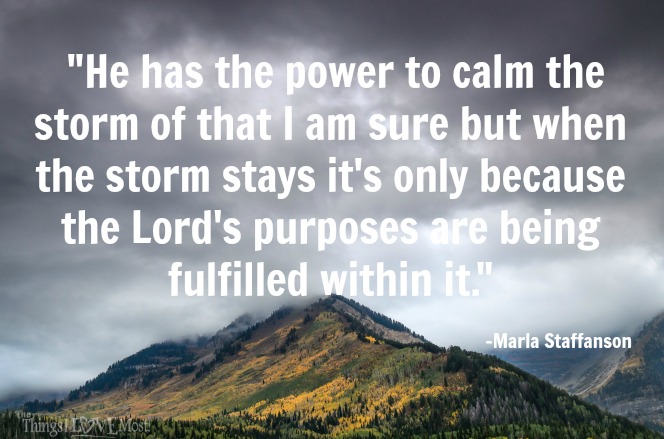  He has the power to calm the storm of that I am sure but when the storm stays it's only because the Lord's purposes are being fulfilled within it."